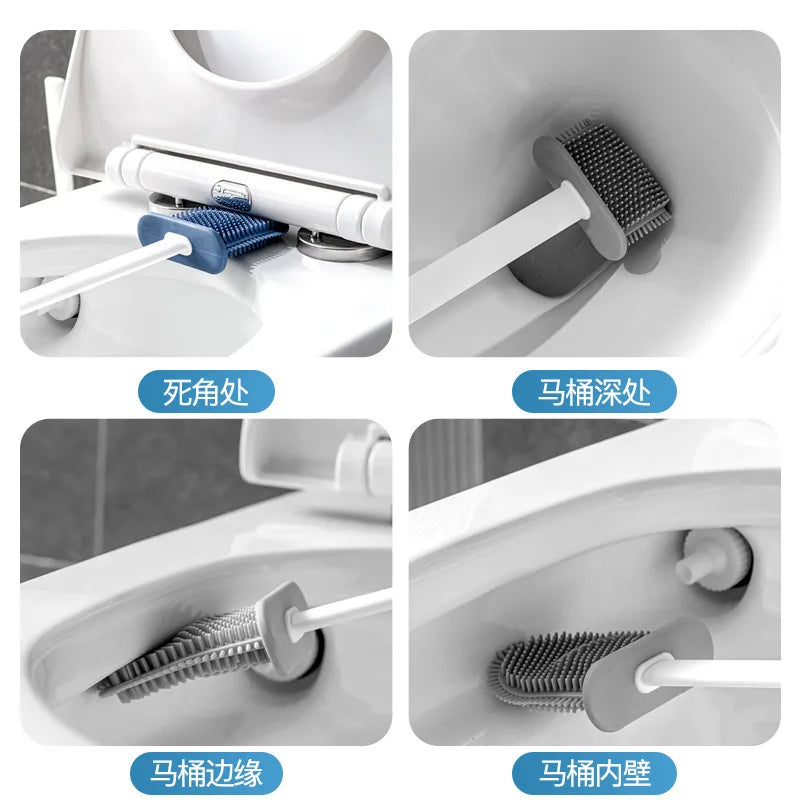 Silicone Toilet Brush Cleaning Brush Flat Head Flexible Wall Mounted Toilet Bowl Cleaner Brush Holder Set for WC Bathroom