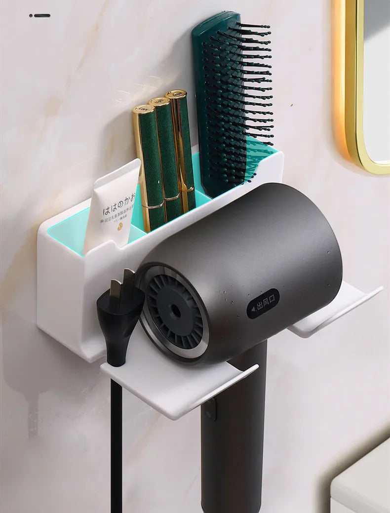 Multi-functional Bathroom Rack with Hair Dryer Slot and Storage Baskets