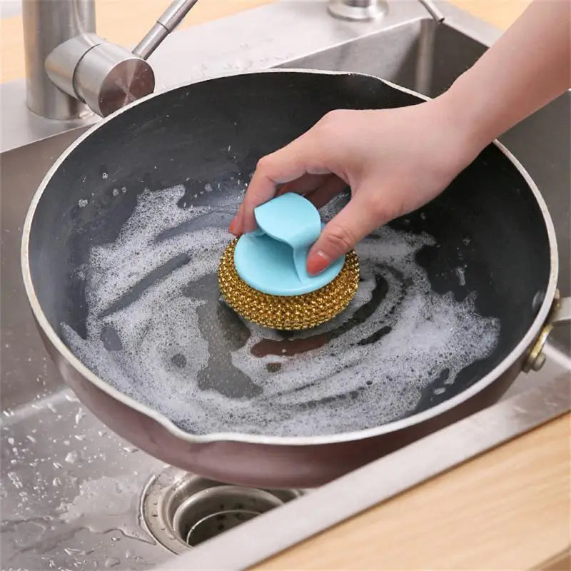 Kitchen Cleaning Brush Long Handle Cleaing Brush Dishwashing Brush Household Stainless Steel Wire Ball Kitchen Accessories