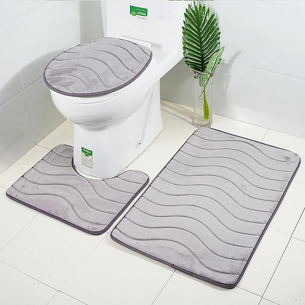 Set of 3 Bathroom Bath Mat Set Soft Non Slip 2PCS Cobblestone Mat Bathroom Rug Absorbent Shower Carpets Toilet Lid Cover Floor