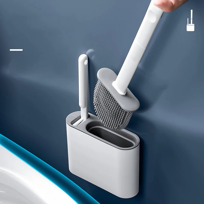 Silicone Toilet Brush Cleaning Brush Flat Head Flexible Wall Mounted Toilet Bowl Cleaner Brush Holder Set for WC Bathroom