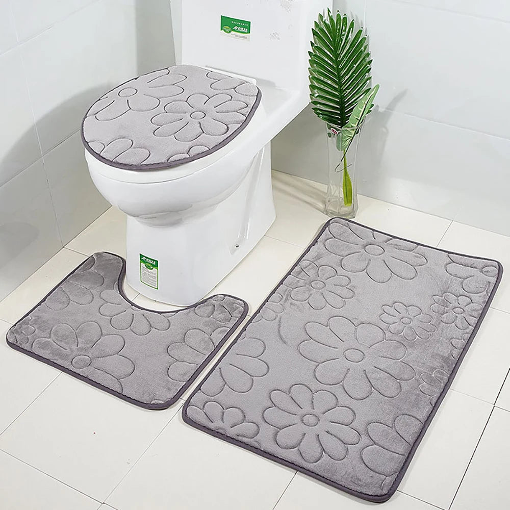 Set of 3 Bathroom Bath Mat Set Soft Non Slip 2PCS Cobblestone Mat Bathroom Rug Absorbent Shower Carpets Toilet Lid Cover Floor