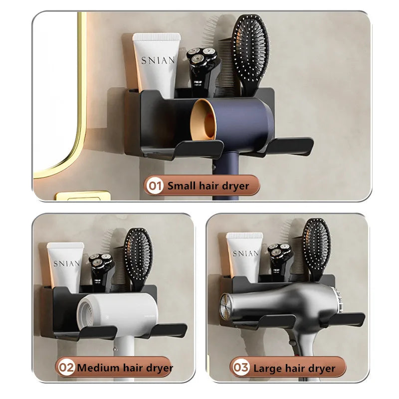 Multi-functional Bathroom Rack with Hair Dryer Slot and Storage Baskets