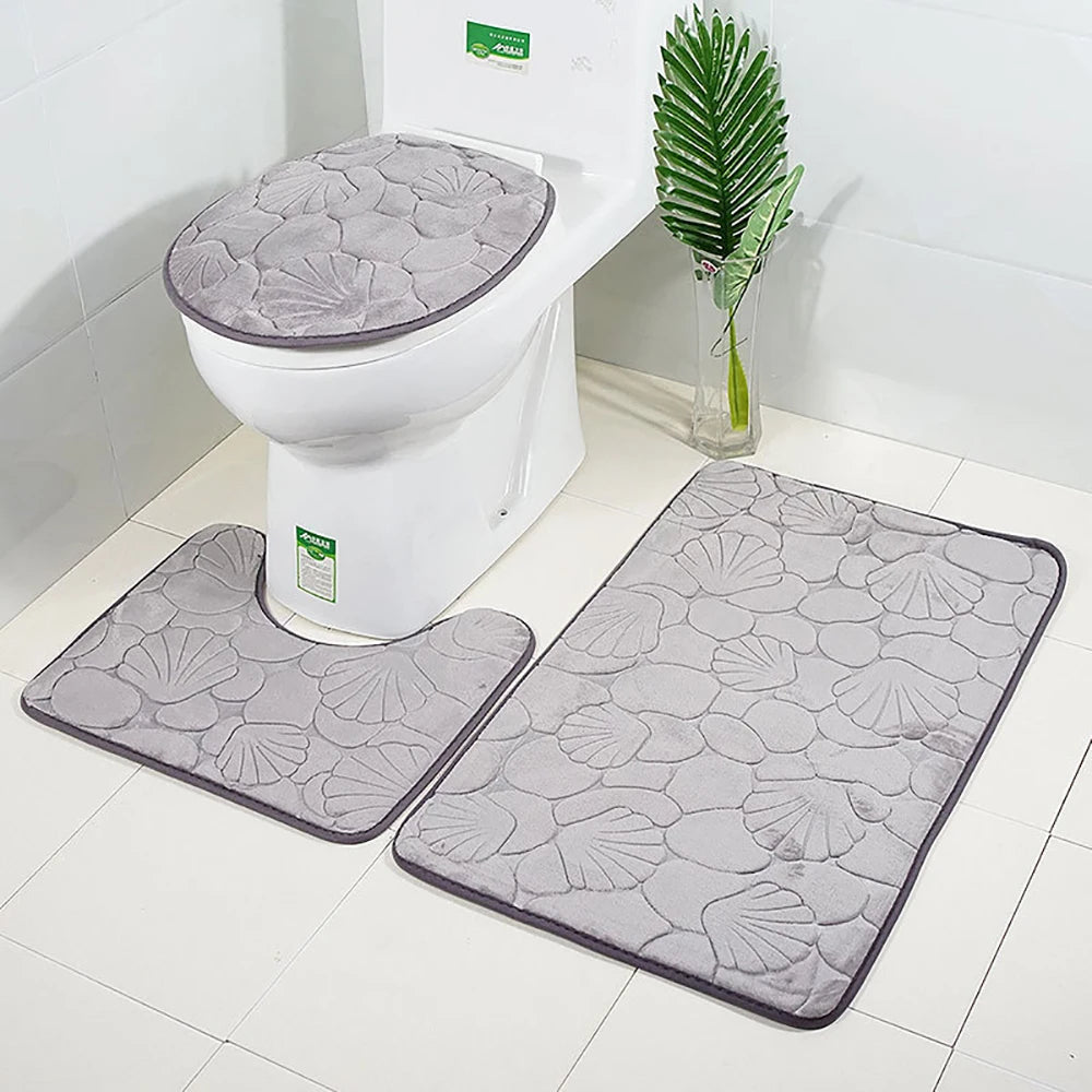 Set of 3 Bathroom Bath Mat Set Soft Non Slip 2PCS Cobblestone Mat Bathroom Rug Absorbent Shower Carpets Toilet Lid Cover Floor