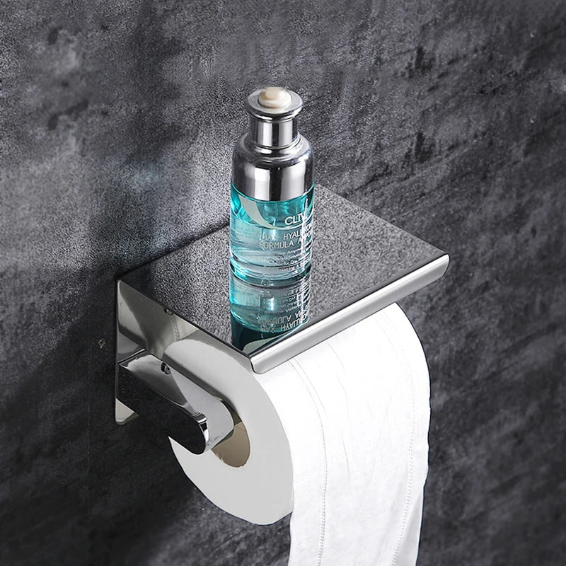 Aluminum Alloy Toilet Paper Holder Shelf With Tray Bathroom Accessories Kitchen Wall Hanging Punch-Free Toilet Paper Roll Holder