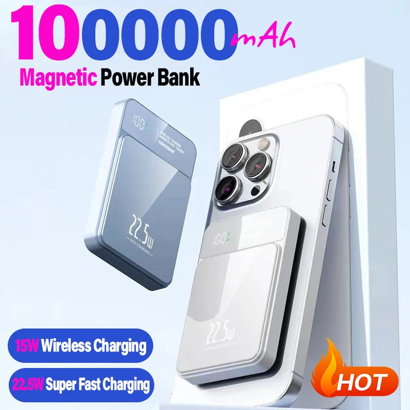 100000mAh Power Bank Magnetic Qi Wireless Charger Magsafe 22.5W Super Fast Charging Powerbank For iPhone Samsung Huawei Xiaomi