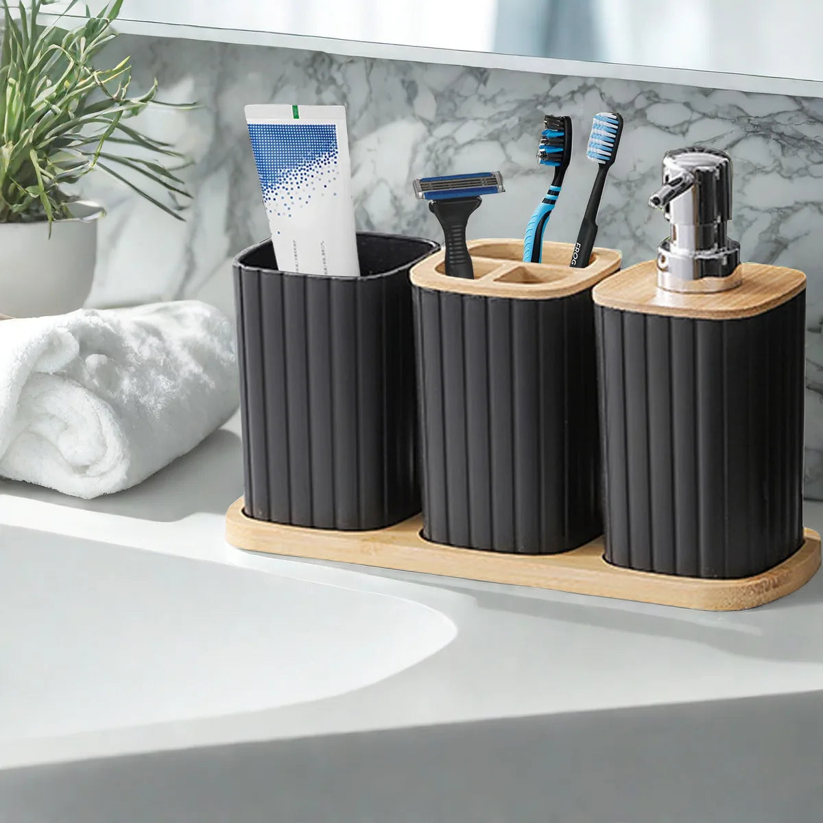 Bathroom Set Soap Dispenser Toothbrush Cup and Bamboo Tray Set Countertop Toiletries Storage Set for Farmhouse Bathroom Decor