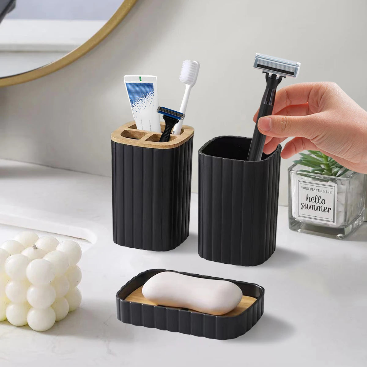 Bathroom Set Soap Dispenser Toothbrush Cup and Bamboo Tray Set Countertop Toiletries Storage Set for Farmhouse Bathroom Decor