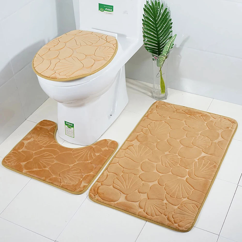 Set of 3 Bathroom Bath Mat Set Soft Non Slip 2PCS Cobblestone Mat Bathroom Rug Absorbent Shower Carpets Toilet Lid Cover Floor