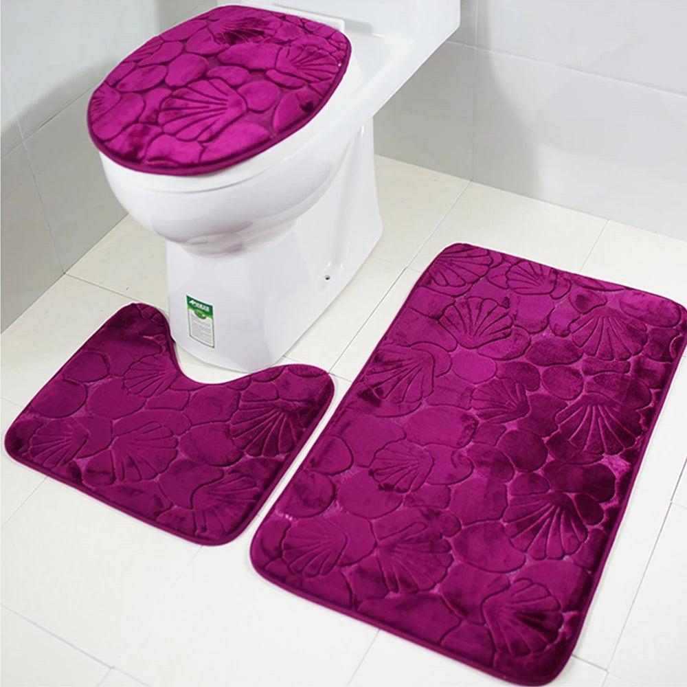 Set of 3 Bathroom Bath Mat Set Soft Non Slip 2PCS Cobblestone Mat Bathroom Rug Absorbent Shower Carpets Toilet Lid Cover Floor