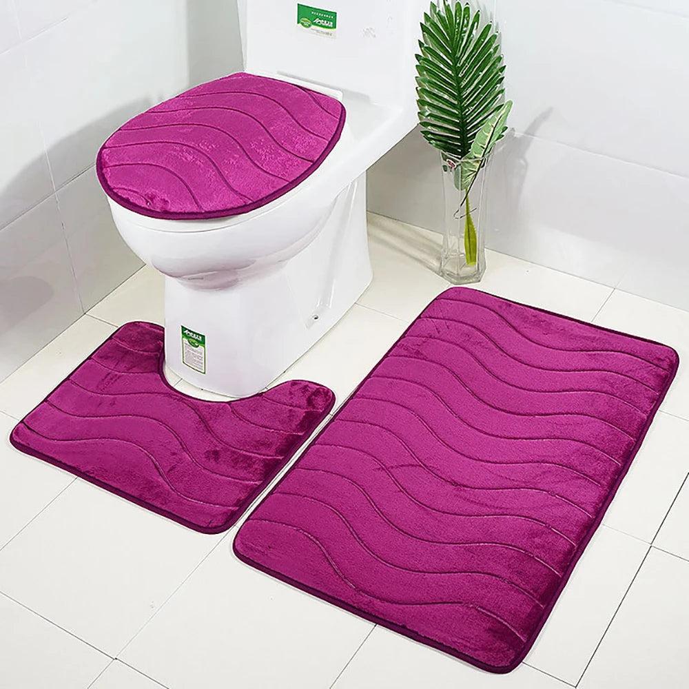 Set of 3 Bathroom Bath Mat Set Soft Non Slip 2PCS Cobblestone Mat Bathroom Rug Absorbent Shower Carpets Toilet Lid Cover Floor