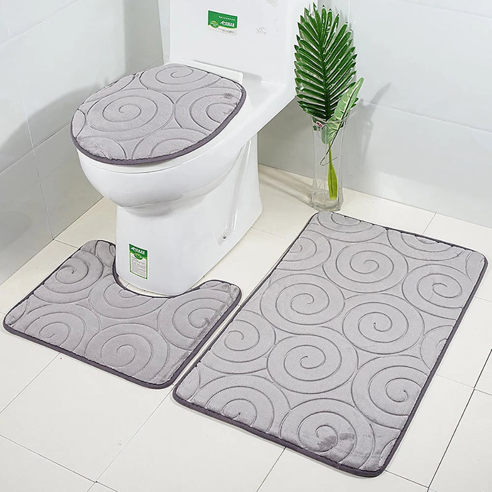 Set of 3 Bathroom Bath Mat Set Soft Non Slip 2PCS Cobblestone Mat Bathroom Rug Absorbent Shower Carpets Toilet Lid Cover Floor