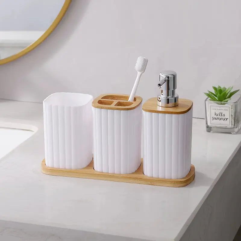 Bathroom Set Soap Dispenser Toothbrush Cup and Bamboo Tray Set Countertop Toiletries Storage Set for Farmhouse Bathroom Decor